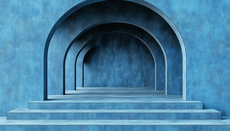 A minimal, modern 3D rendering of a blue wall with three arched openings and steps.の素材