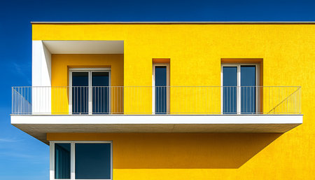 A minimalistic yellow building with white accents and a balcony.の素材