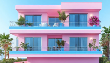 A vibrant two-story building with pink walls and blue balconies, featuring palm trees and tropical greenery.の素材