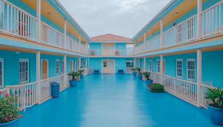 An image of a courtyard with a bright blue floor and a vibrant blue building with white railings, windows, and doors.の素材