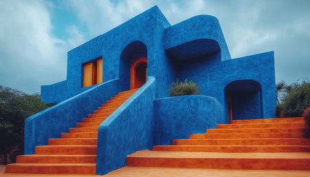 A modern blue building with orange steps leading to arched entrances.の素材