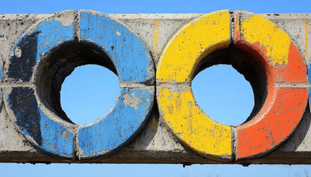 A weathered concrete wall with circular openings painted in blue, yellow, and orange against a blue sky.の素材