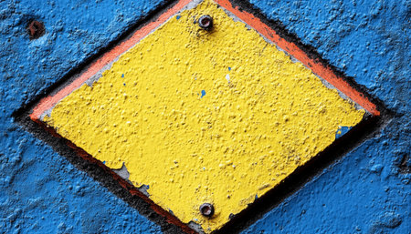 A close-up of a diamond-shaped yellow patch on a blue and orange wall with a rough texture.の素材