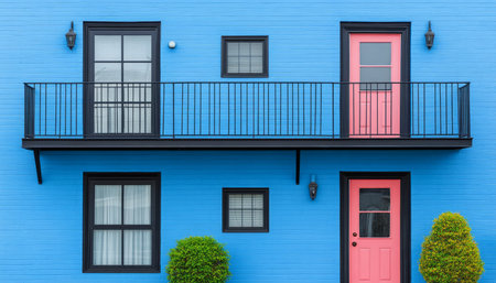 A colorful house with two pink doors and several black windows.の素材