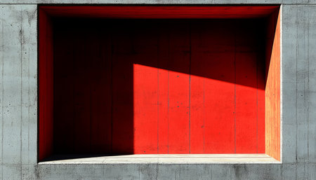 An abstract photograph featuring a red wall with a triangular shadow within a concrete frame.の素材