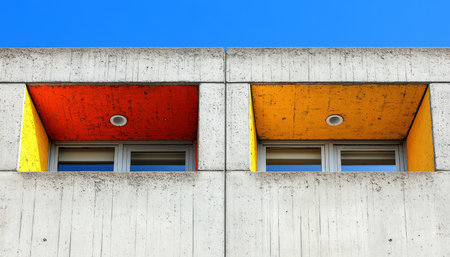 Two windows with contrasting red and yellow ceilings in a concrete wall.の素材