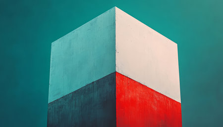 An abstract, minimal image of a cube with painted geometric shapes against a teal background.の素材