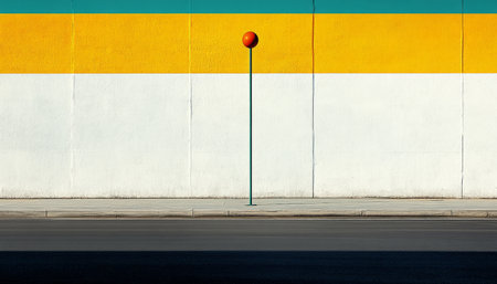 A single red ball atop a pole stands against a white and yellow wall, with a sidewalk and street in the foreground.の素材