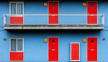 A building with red doors and windows against a bright blue wall.の素材