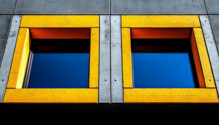A close-up of two windows in a concrete wall framed in yellow.の素材