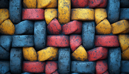 A close-up image of an abstract texture created by the interlocking arrangement of blue, red, and yellow stones.の素材
