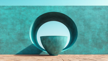 A teal wall with a large oval window and a podium in front.の素材