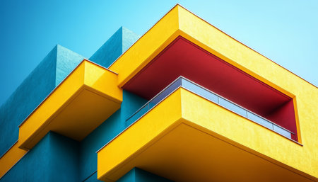A close-up of a modern building&#39;s exterior, showcasing bold, geometric shapes and vibrant colors.の素材