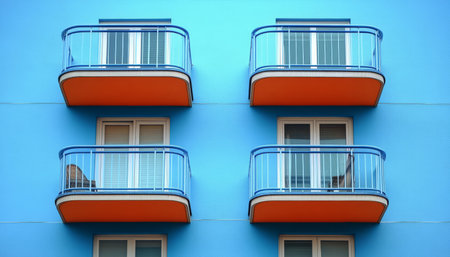 Four balconies with orange ceilings on a bright blue building wall.の素材