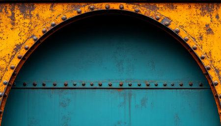 A close-up view of a curved metal panel featuring a rusted orange top and a teal bottom, both with rivets.の素材