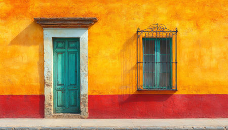 A close-up shot of a colorful, vibrant facade of a building with a green door and window.の素材