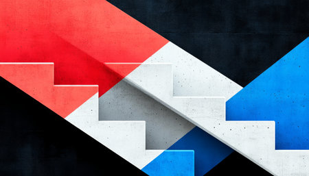 An abstract composition of red, white, and blue painted geometric shapes on a black concrete wall.の素材