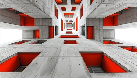 A low-angle view of a concrete building with a geometric design and red windows.の素材