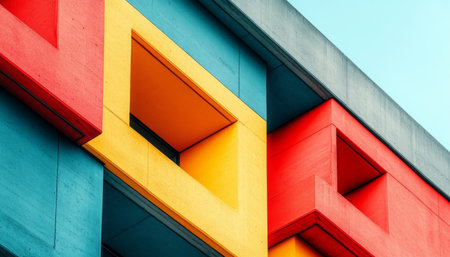 An abstract architectural photograph of a modern building facade featuring geometric patterns in vibrant colors.の素材