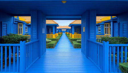 A pathway made of blue wooden planks leads through a row of houses painted in bright blue and yellow colors.の素材