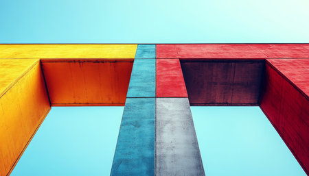 A low-angle view of a colorful concrete structure with two open rectangular openings against a clear blue sky.の素材