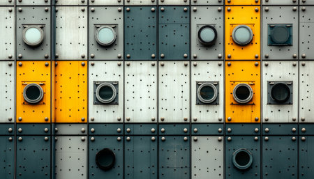 A close-up of a modern building facade featuring a repeating pattern of circular windows, metal panels, and rivets.の素材