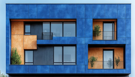 A close-up view of a modern apartment building facade with blue and orange panels, windows, and balconies.の素材