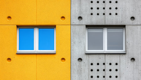 A close-up of two windows on a building, one with a blue glass and one with a clear glass, set against a yellow and concrete wall.の素材