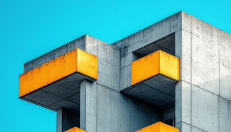 A modern concrete building with two yellow balconies against a bright blue sky.の素材