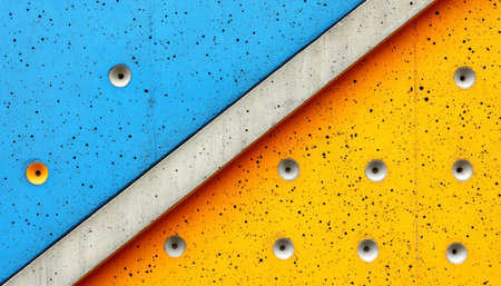 A close-up of a concrete wall painted blue and yellow with a diagonal grey divide and circular holds for climbing.の素材