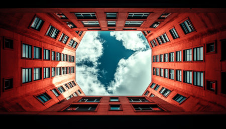 Two red brick buildings with many windows framing a cloudy blue sky, viewed from a low angle.の素材