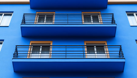 A low-angle view of two balconies with black railings and windows on a bright blue building facade.の素材