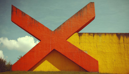 A large red X-shaped structure intersecting with a yellow wall.の素材