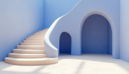 A modern interior featuring a curved white staircase and an arched doorway against a blue wall.の素材