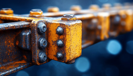 A close-up view of a rusty, yellow metal beam with multiple bolts, highlighting the weathered texture and details of the industrial object.の素材