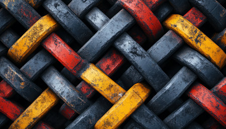 A close-up view of a woven pattern made of cylindrical shapes with red, yellow, and black paint.の素材