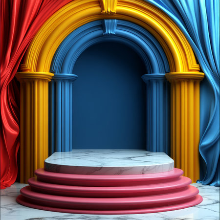 A colorful, modern stage set with a marble pedestal, arches, and draped curtains.の素材