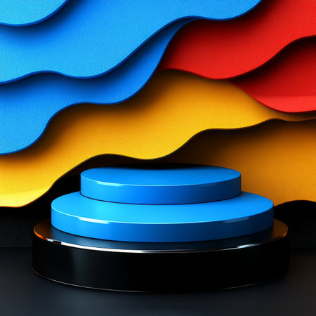 A cylindrical platform with two levels in blue and black against a backdrop of wavy, colorful abstract shapes in red, yellow, and blue.の素材