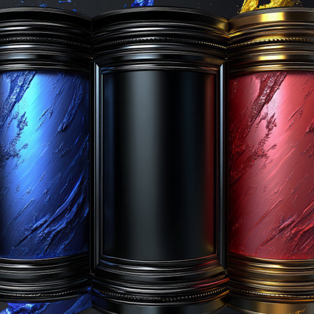 Three metallic cylinders with vibrant, textured surfaces in blue, black, and red.の素材