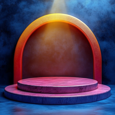 A 3D rendering of an abstract stage with a circular arch, wooden platforms, and blue, red, yellow and orange lighting.の素材