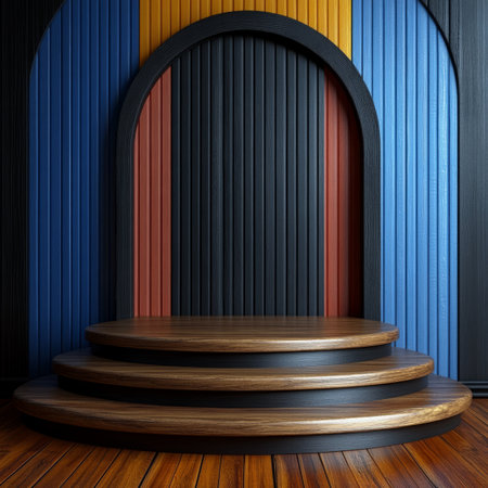 A circular wooden platform with three steps against a colorful wood panel background.の素材