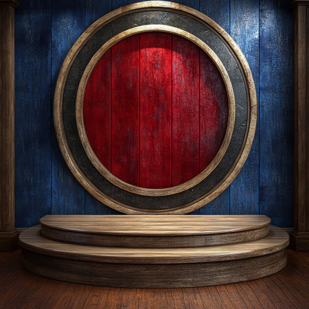A wooden pedestal with an ornate frame on a blue and red wood paneled wall.の素材