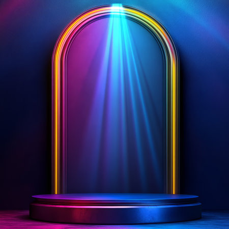 A 3D illustration of a circular platform illuminated by neon lights in a dark blue room.の素材