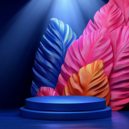 A minimalist 3D rendering featuring a blue podium with bright, striped leaves in the background.の素材
