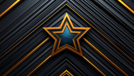A stylized golden star with a blue center is set against a black background with diagonal lines.の素材