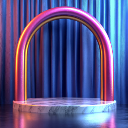 A minimalist product display featuring a marble platform, a neon archway, and blue drapes as a backdrop.の素材