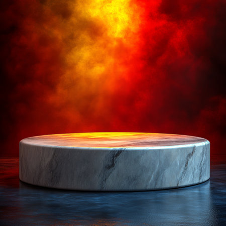 A circular marble pedestal sits in front of a dark red and orange cloudy sky.の素材