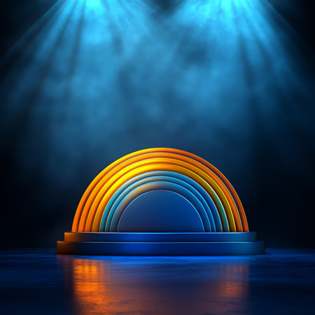 An abstract 3D rendering of a blue and orange arc stage with fog and reflections.の素材