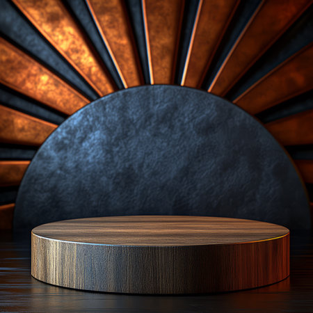 A wooden round platform with a sunburst background, suitable for displaying products.の素材