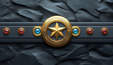 A golden star emblem with red and blue gemstones on a black leather background.の素材